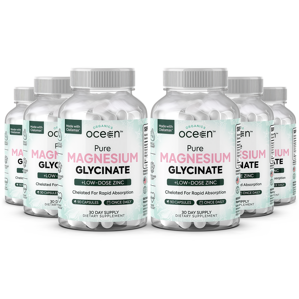 Organics Ocean Pure Magnesium Glycinate with Zinc - Maximum Strength Chelated Magnesium Supplement for Women and Men for Muscle Cramps and Sleep Support - 90 Capsule