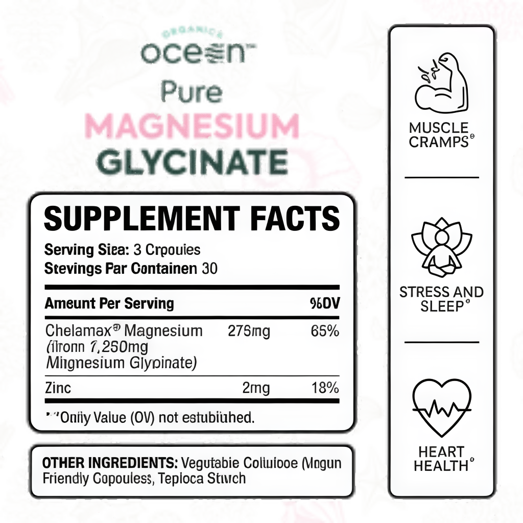 Organics Ocean Pure Magnesium Glycinate with Zinc - Maximum Strength Chelated Magnesium Supplement for Women and Men for Muscle Cramps and Sleep Support - 90 Capsule