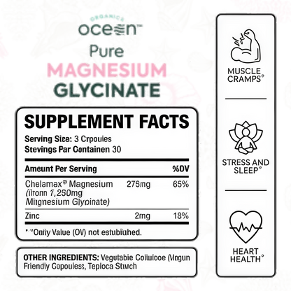 Organics Ocean Pure Magnesium Glycinate with Zinc - Maximum Strength Chelated Magnesium Supplement for Women and Men for Muscle Cramps and Sleep Support - 90 Capsule