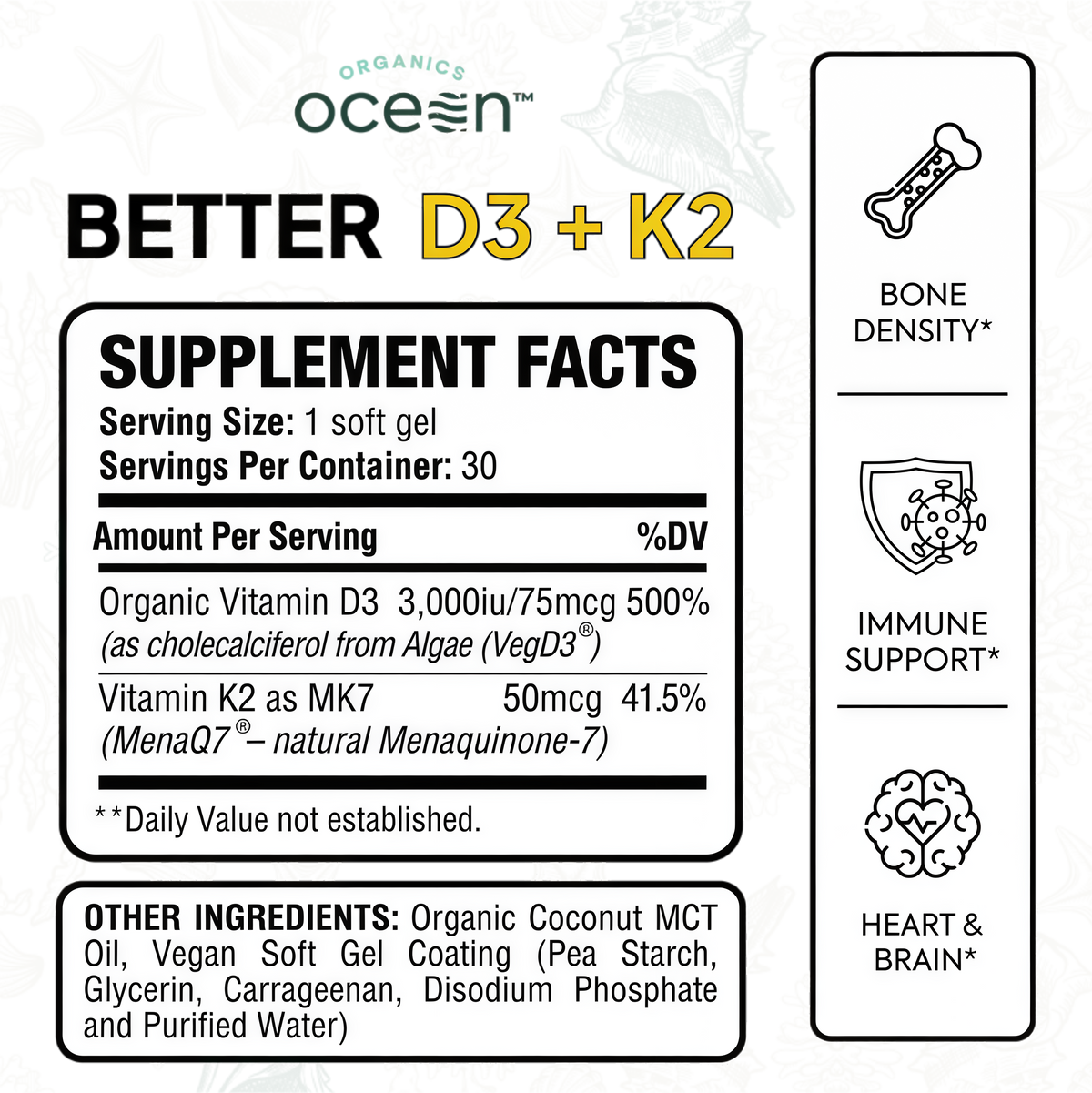 Organics Ocean Better D3 + K2-100% Organic VIT D3 and K2 Supplements with Maximum Bioavailability - Supports Bone Density, Calcium Balance, Immunity & Mood - 1-Pack, 30-Day Supply