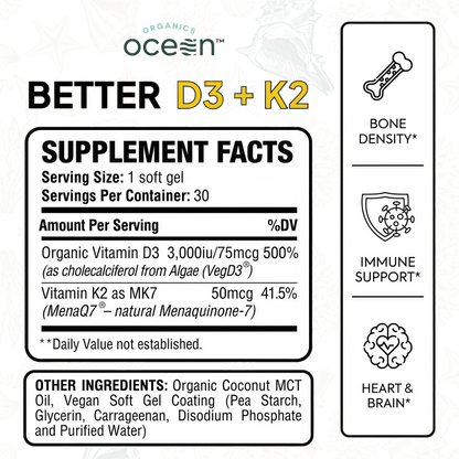 Organics Ocean Better D3 + K2-100% Organic VIT D3 and K2 Supplements with Maximum Bioavailability - Supports Bone Density, Calcium Balance, Immunity & Mood - 1-Pack, 30-Day Supply