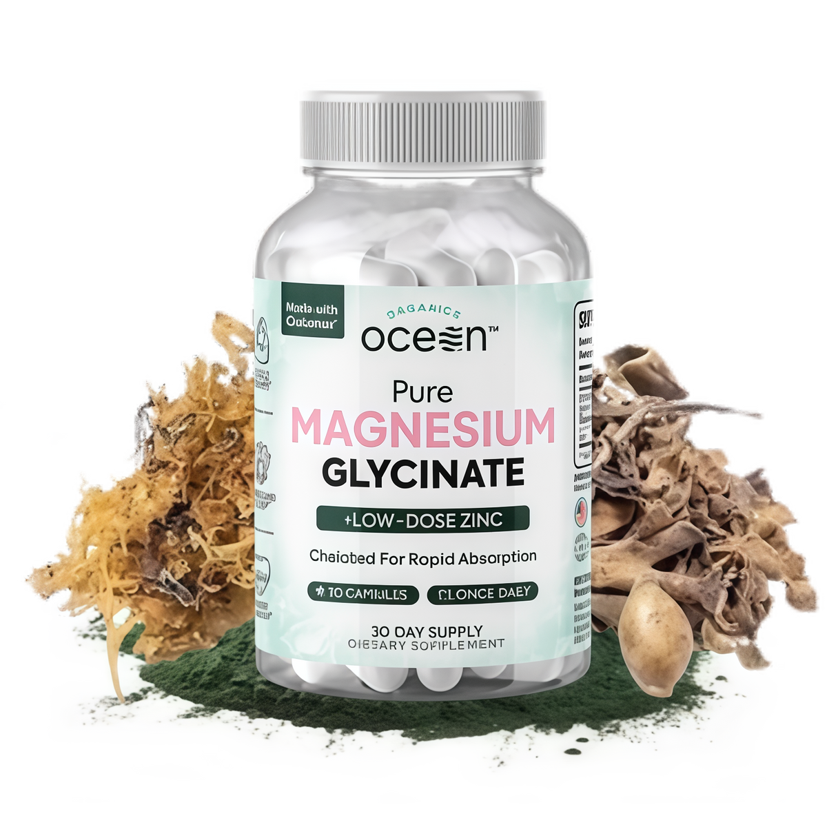 Organics Ocean Pure Magnesium Glycinate with Zinc - Maximum Strength Chelated Magnesium Supplement for Women and Men for Muscle Cramps and Sleep Support - 90 Capsule