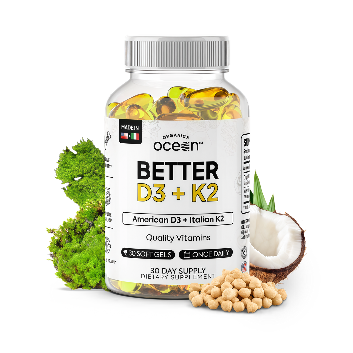 Organics Ocean Better D3 + K2-100% Organic VIT D3 and K2 Supplements with Maximum Bioavailability - Supports Bone Density, Calcium Balance, Immunity & Mood - 1-Pack, 30-Day Supply