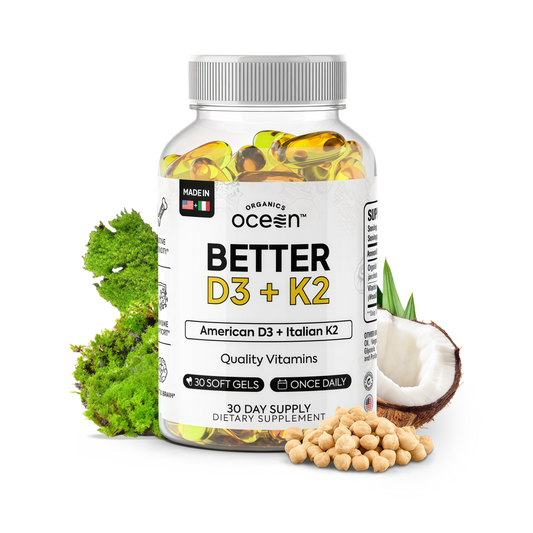 Organics Ocean Better D3 + K2-100% Organic VIT D3 and K2 Supplements with Maximum Bioavailability - Supports Bone Density, Calcium Balance, Immunity & Mood - 1-Pack, 30-Day Supply
