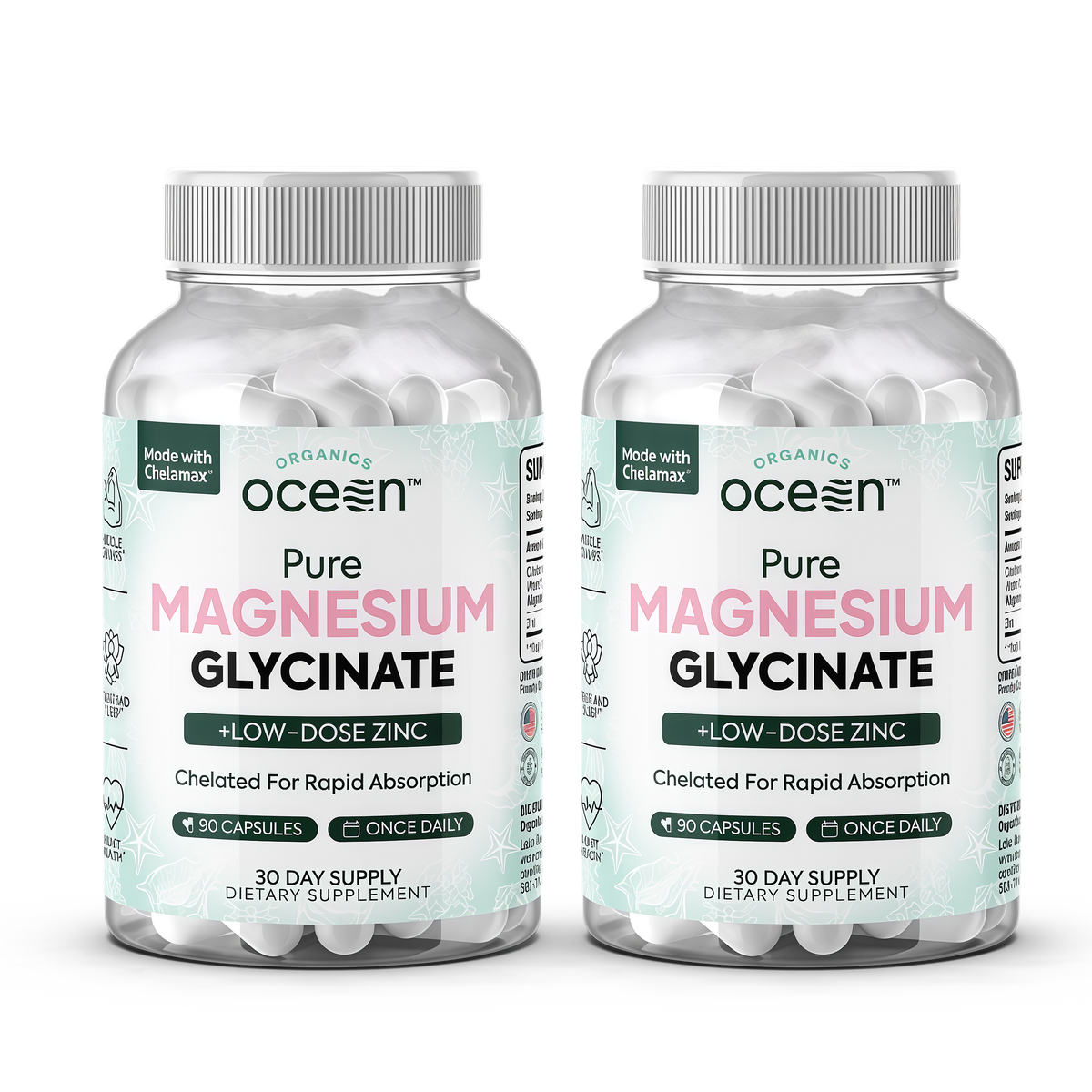 Organics Ocean Pure Magnesium Glycinate with Zinc - Maximum Strength Chelated Magnesium Supplement for Women and Men for Muscle Cramps and Sleep Support - 90 Capsule