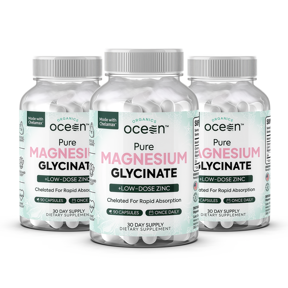 Organics Ocean Pure Magnesium Glycinate with Zinc - Maximum Strength Chelated Magnesium Supplement for Women and Men for Muscle Cramps and Sleep Support - 90 Capsule