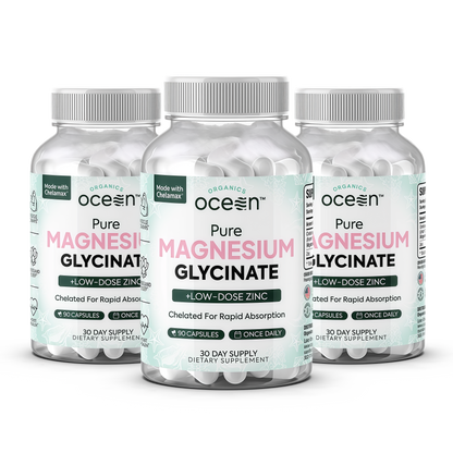 Organics Ocean Pure Magnesium Glycinate with Zinc - Maximum Strength Chelated Magnesium Supplement for Women and Men for Muscle Cramps and Sleep Support - 90 Capsule