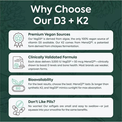 Organics Ocean Better D3 + K2-100% Organic VIT D3 and K2 Supplements with Maximum Bioavailability - Supports Bone Density, Calcium Balance, Immunity & Mood - 1-Pack, 30-Day Supply